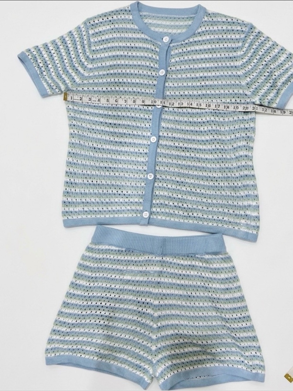 Light Blue Striped Knit Button Cardigan & Shorts Set